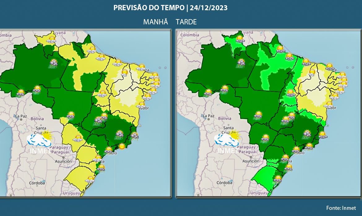 Brasília (DF) 23/12/2023 –  Noite de Natal pode ser chuvosa na maior parte do país
Arte Agência Brasil