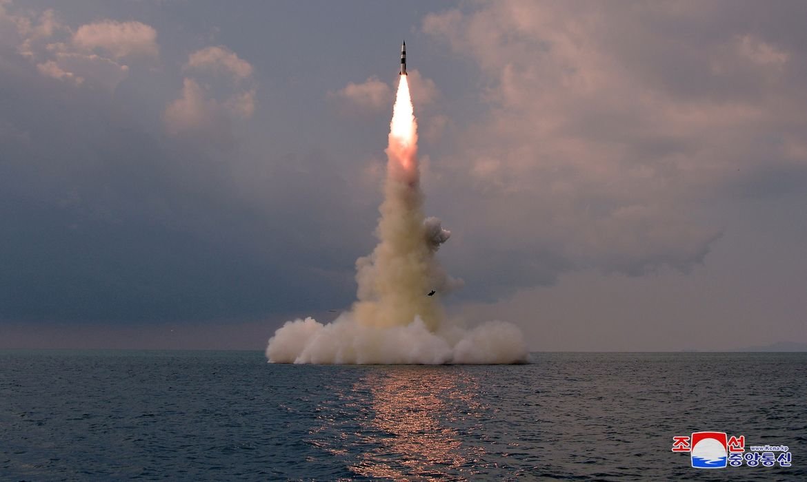 A new submarine-launched ballistic missile is seen during a test