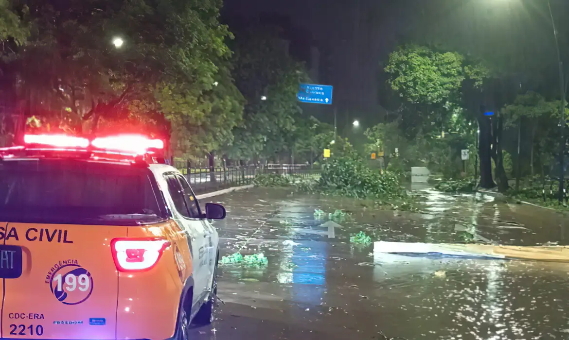 Defesa Civil de Porto Alegre está com todas as equipes na rua atuando nas ocorrências oriundas do temporal
Temos registros de muitas quedas de árvores. Foto: Defesa Civil/ Porto Alegre