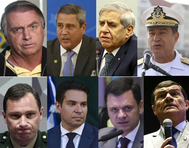 Brasília (DF), 11/09/2025 - A Primeira Turma do Supremo Tribunal Federal (STF) formou nesta quinta-feira (11) maioria de votos para condenar o ex-presidente Jair Bolsonaro e mais sete aliados na ação penal da trama golpista.
Da esquerda para direita: Ex.presidente, Jair Bolsonaro, General, Braga Neto, General, Augusto Heleno, Almirante, Almir Garnier, Tenete-Coronel, Mauro Cid, Deputado Federal, Alexandre Ramagem, Ex.ministro da justiça, Anderson Torres, General Paulo Sérgio Nogueira.
Fotos: Agência Brasil