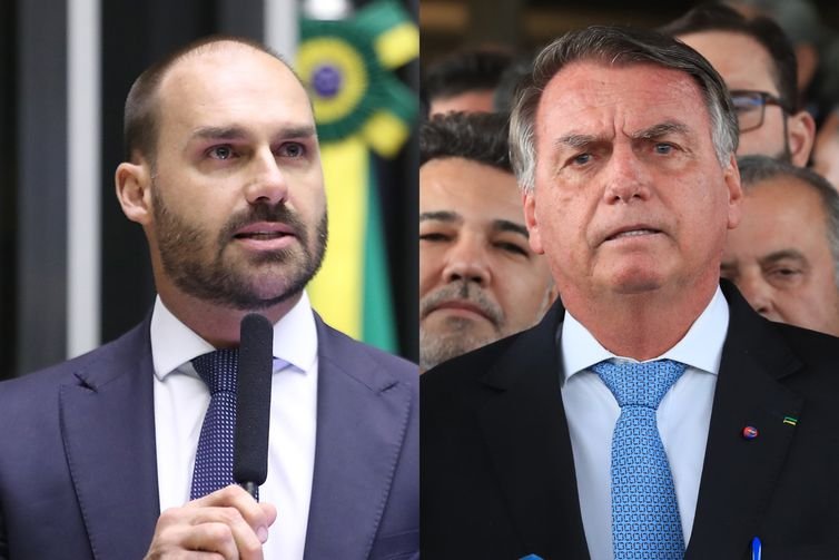Zeca Ribeiro/Câmara dos Deputados e Lula Marques/Agência Brasil Brasília (DF), 20/08/2025 - Montagem com foto do deputado federal Eduardo Bolsonaro e o ex-presidente da República, Jair Bolsonaro. Foto: Zeca Ribeiro/Câmara dos Deputados e Lula Marques/Agência Brasil