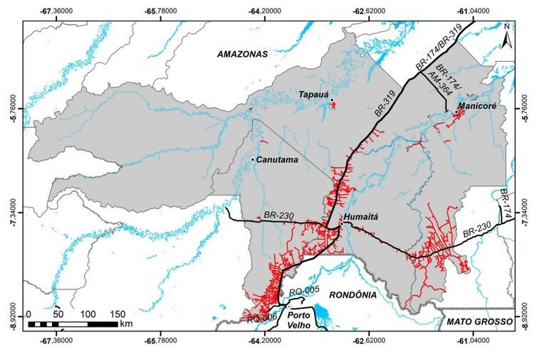 Arte/Nota técnica OBR-319 Mapa mostra ramais na floresta que acompanham a BR-319 nos municípios de Canutama, Humaitá, Manicoré e Tapauá, no sul do Amazonas. Foto Arte/Nota técnica OBR-319